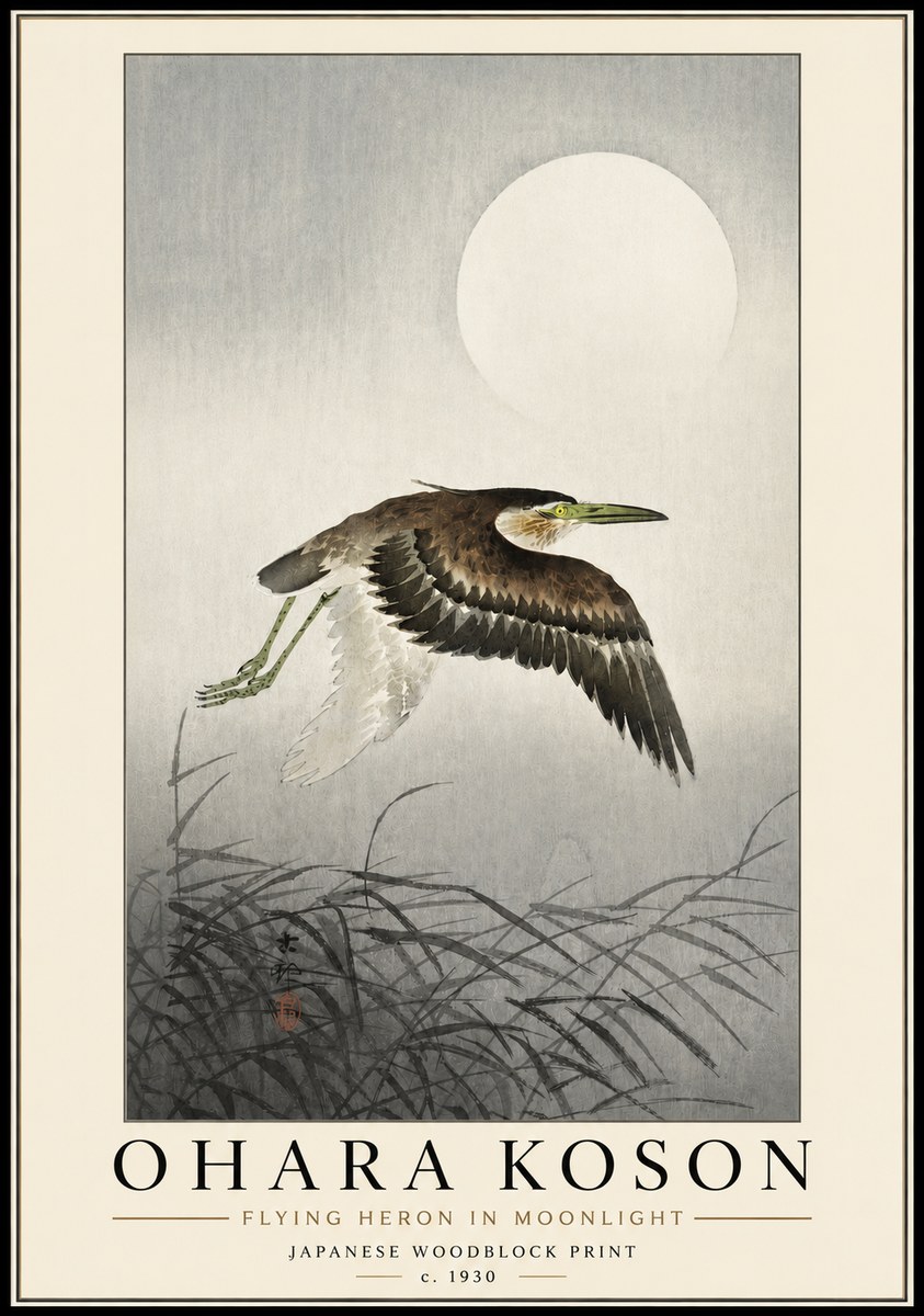 Ohara Koson Flying Heron in Moonlight No3 - Poster