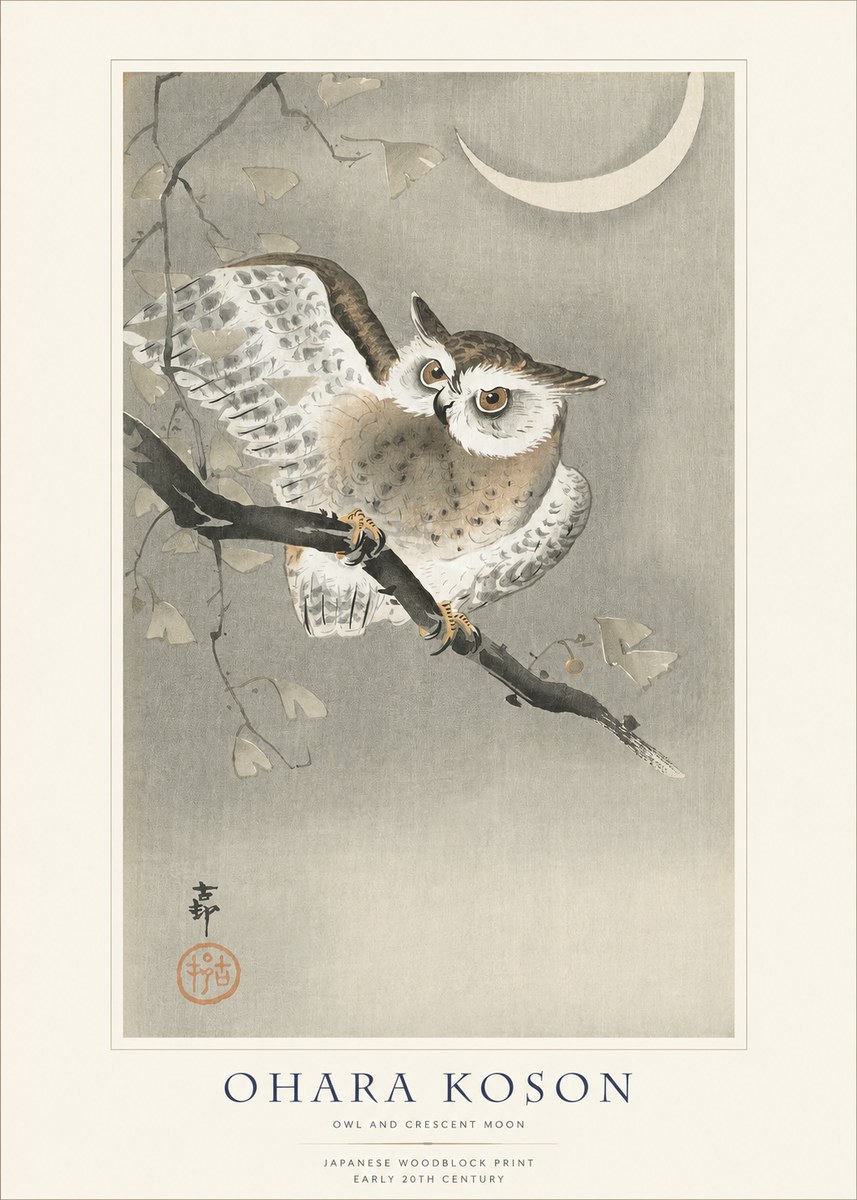 Ohara Koson Owl and Crescent Moon No1 - Poster
