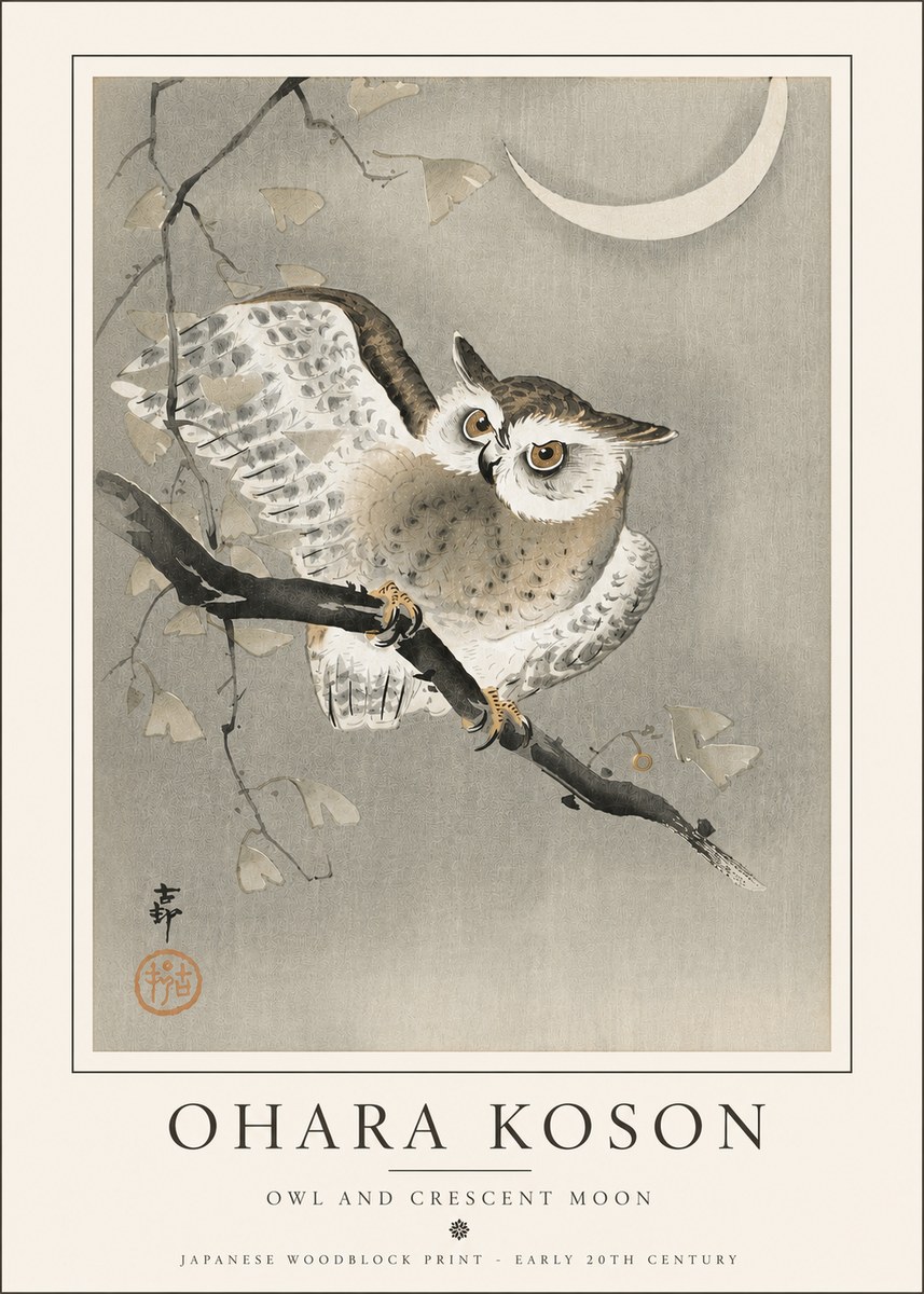 Ohara Koson Owl and Crescent Moon No5 - Poster