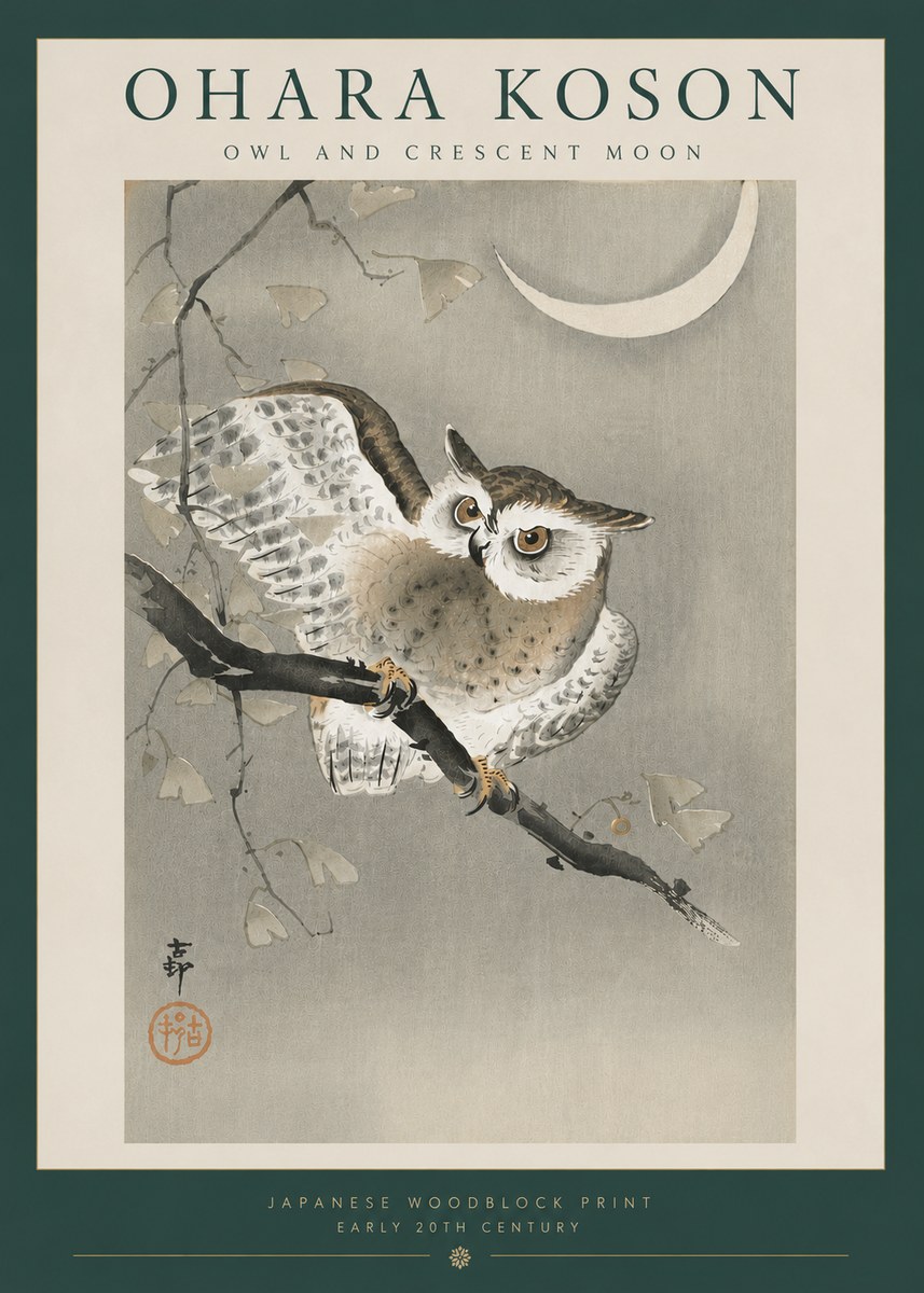 Ohara Koson Owl and Crescent Moon No6 - Poster