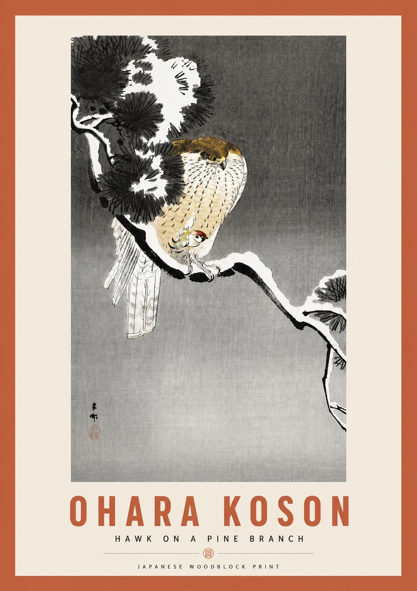 Ohara Koson Hawk on a Pine Branch No3 - Poster