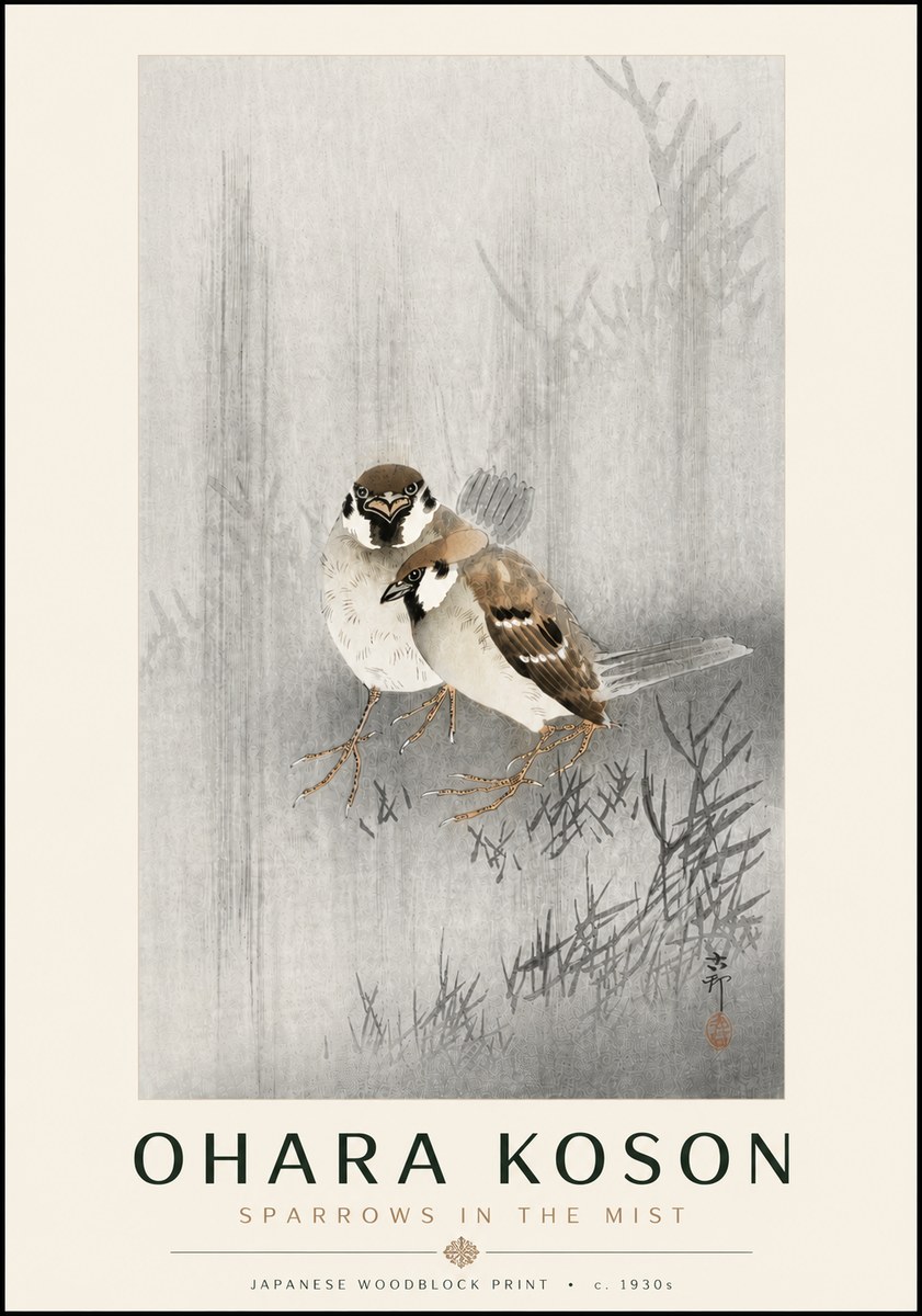 Ohara Koson Sparrows in the Mist No6 - Poster