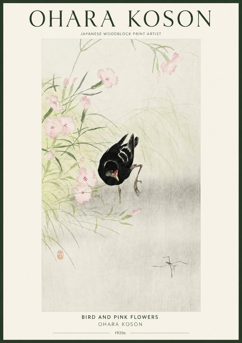 Ohara Koson Bird and Pink Flowers No1 - Poster
