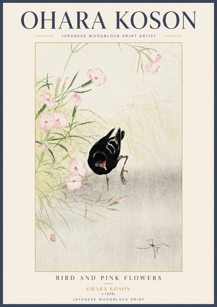 Ohara Koson Bird and Pink Flowers No3 - Poster