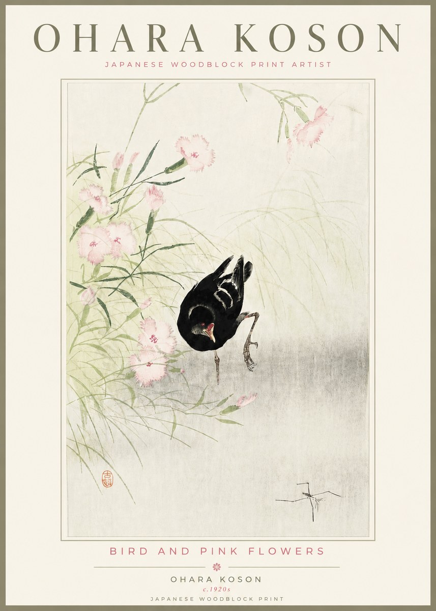 Ohara Koson Bird and Pink Flowers No4 - Poster