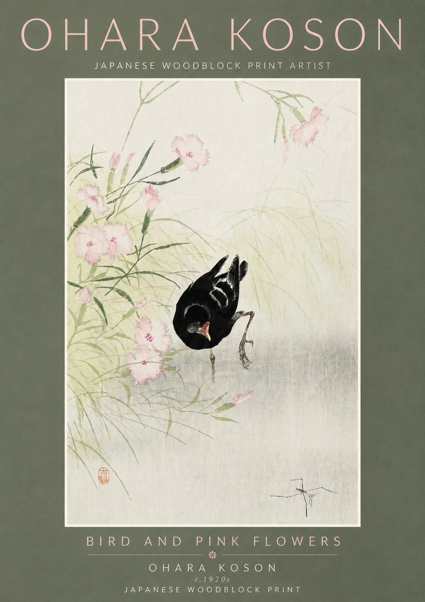Ohara Koson Bird and Pink Flowers No5 - Poster