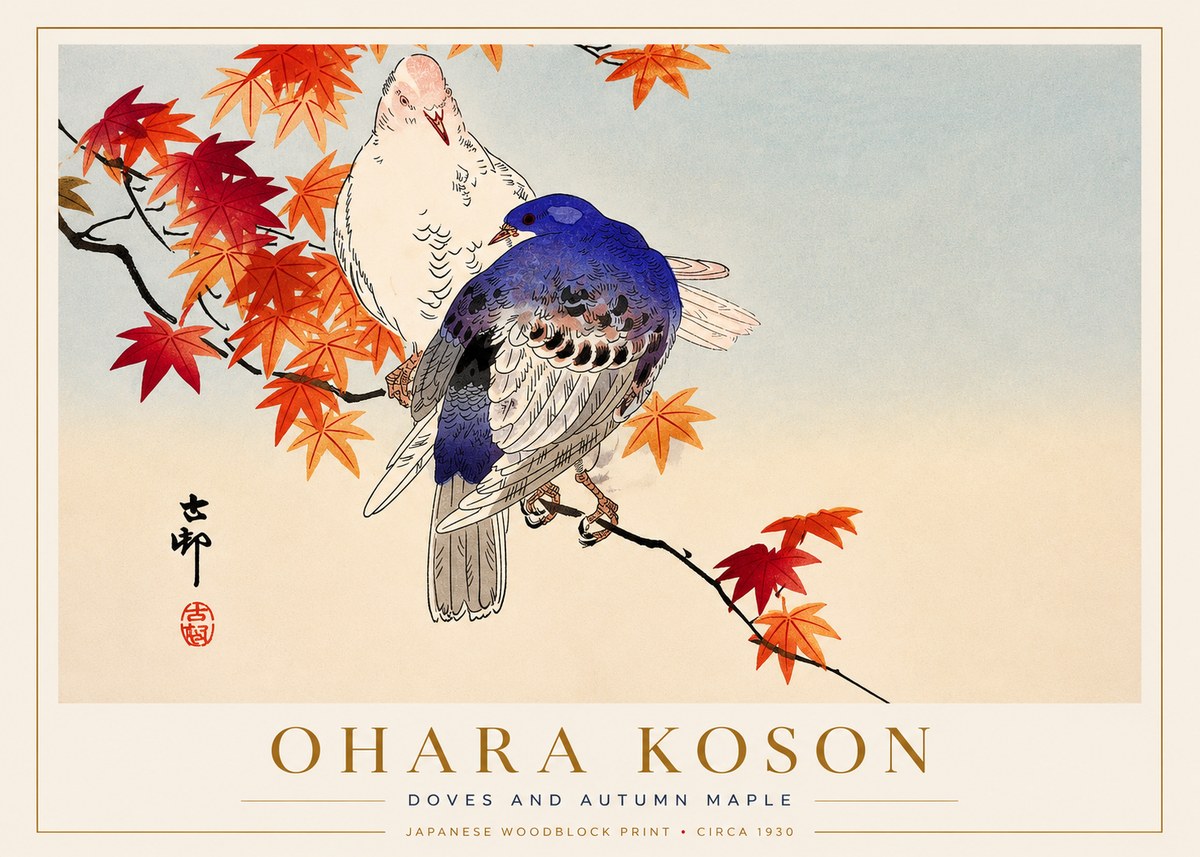 Ohara Koson Doves and Autumn Maple No3 - Poster