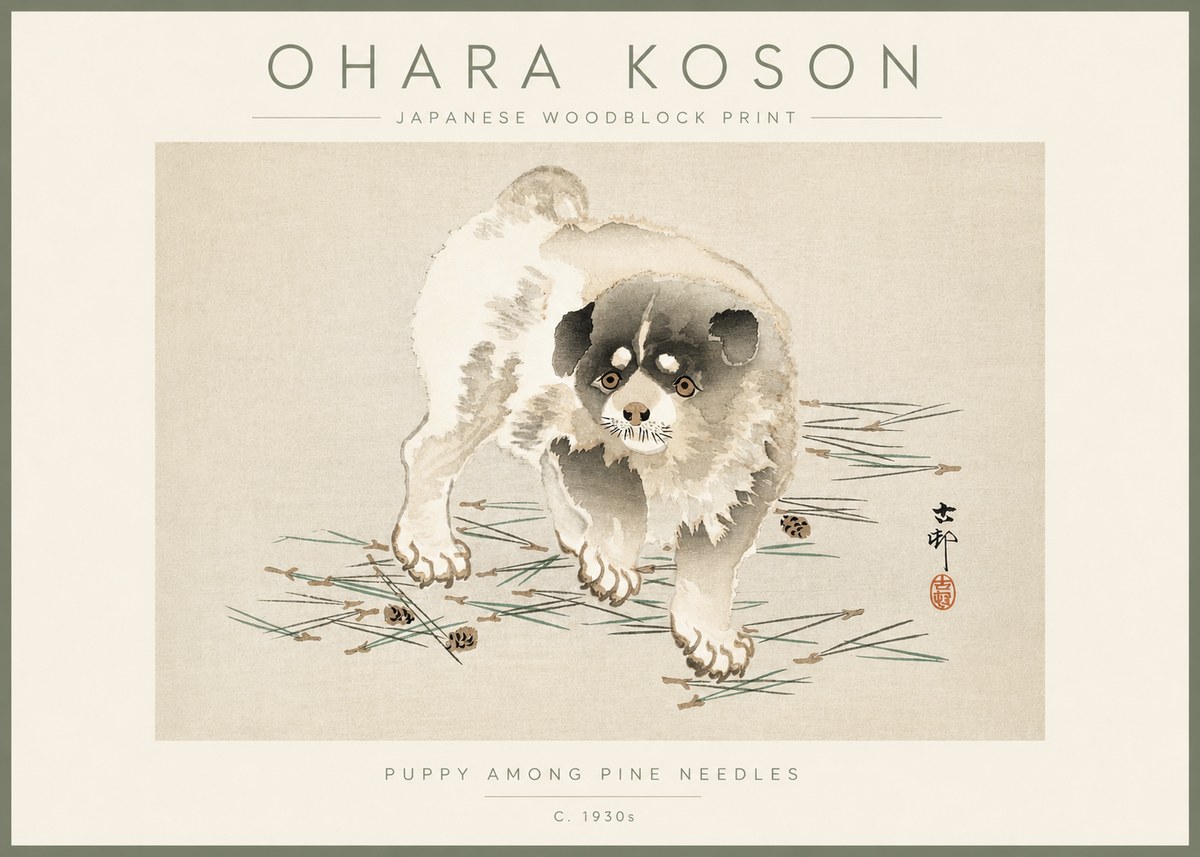 Ohara Koson Puppy Among Pine Needles No3 - Poster