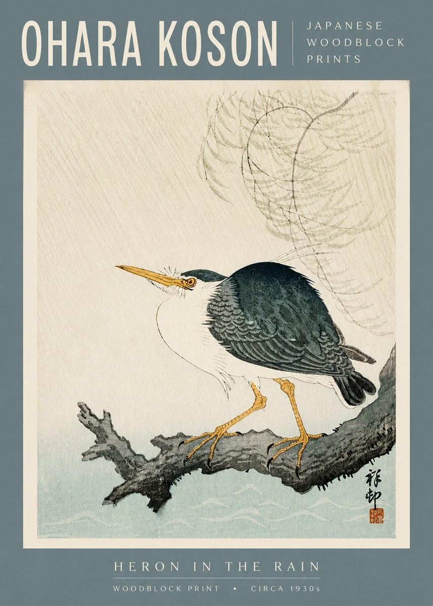Ohara Koson Heron in the Rain No3 - Poster