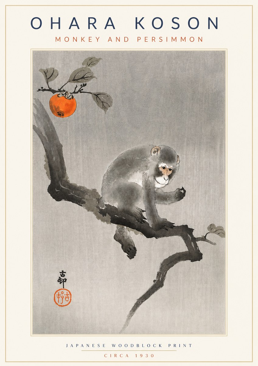 Ohara Koson Monkey and Persimmon No4 - Poster