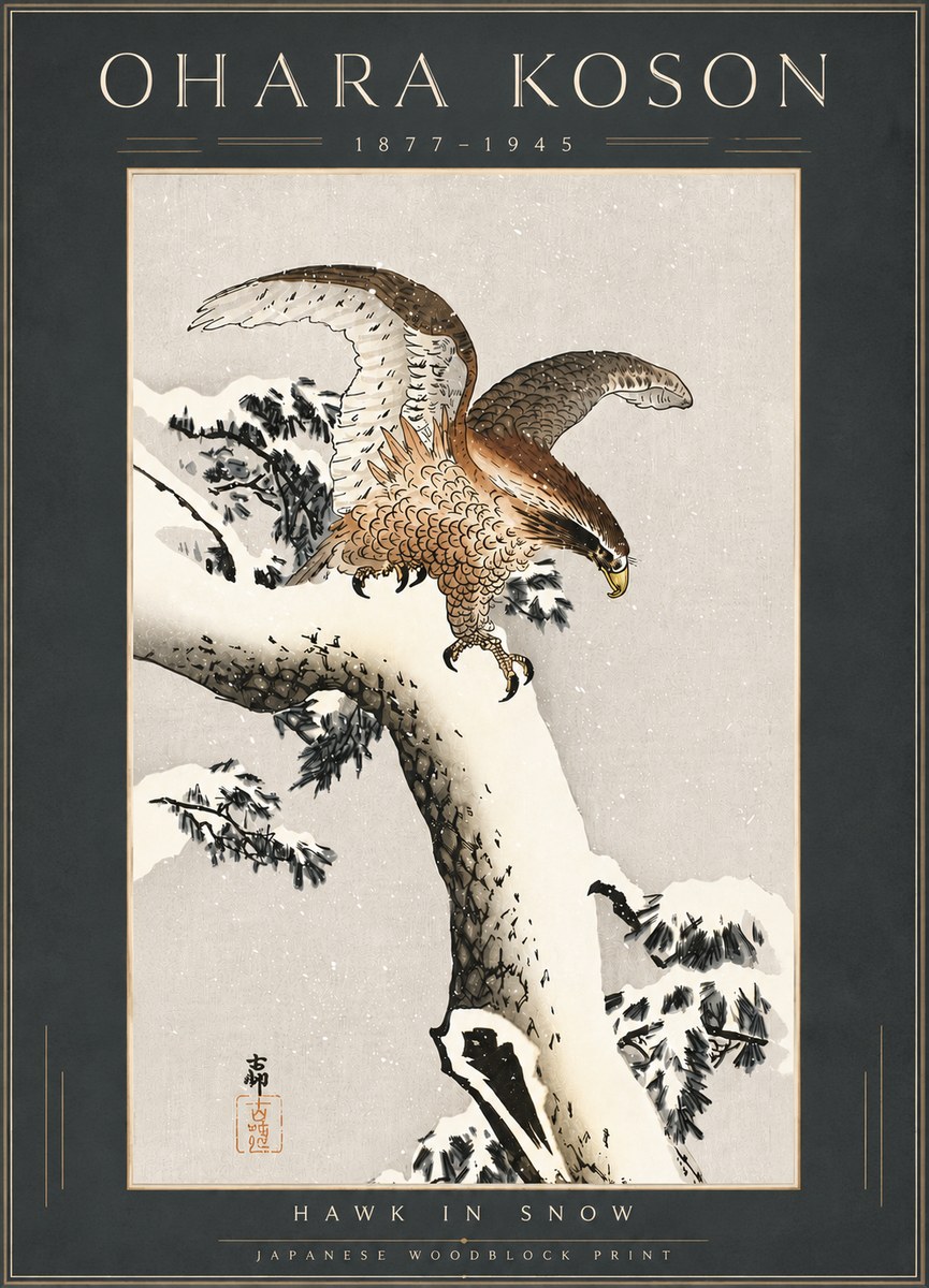 Ohara Koson Hawk in Snow No6 - Poster