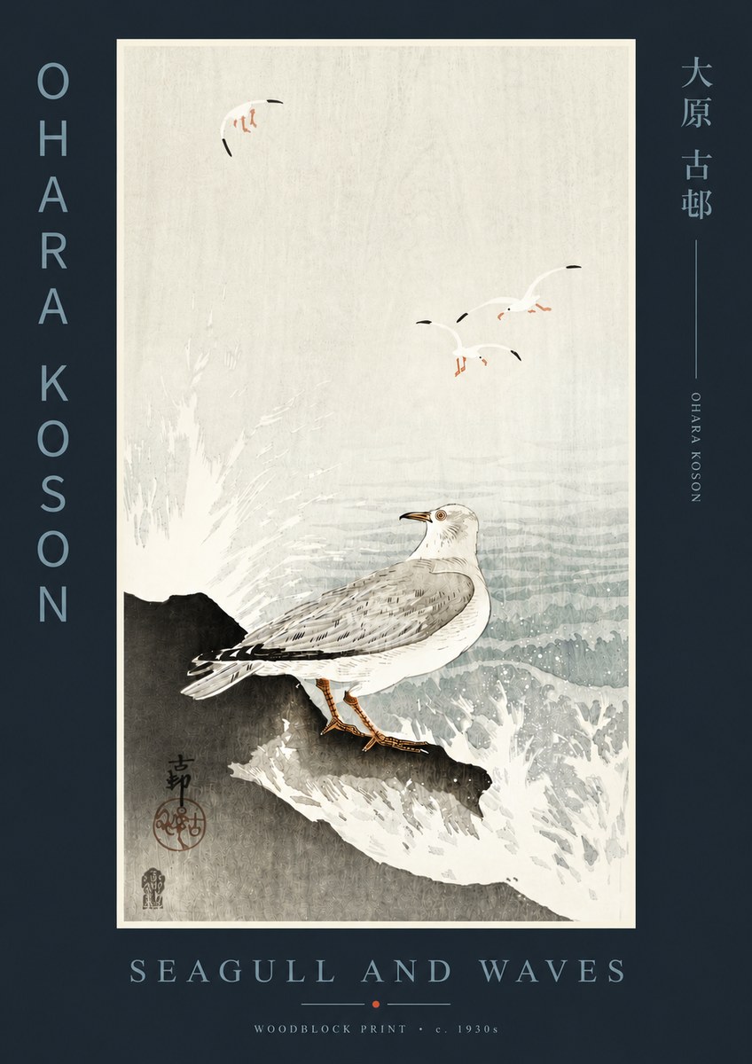 Ohara Koson Seagull and Waves No4 - Poster