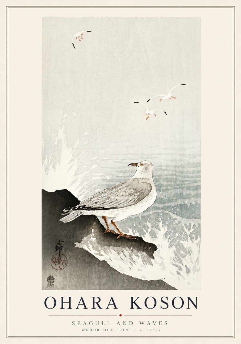 Ohara Koson Seagull and Waves No6 - Poster