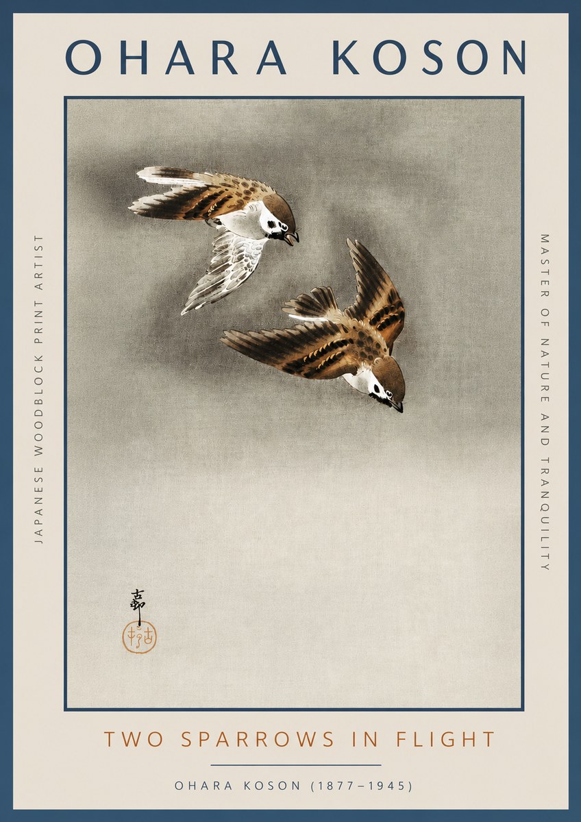 Ohara Koson Two Sparrows in Flight No3 - Poster