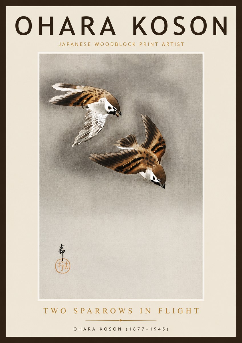 Ohara Koson Two Sparrows in Flight No6 - Poster
