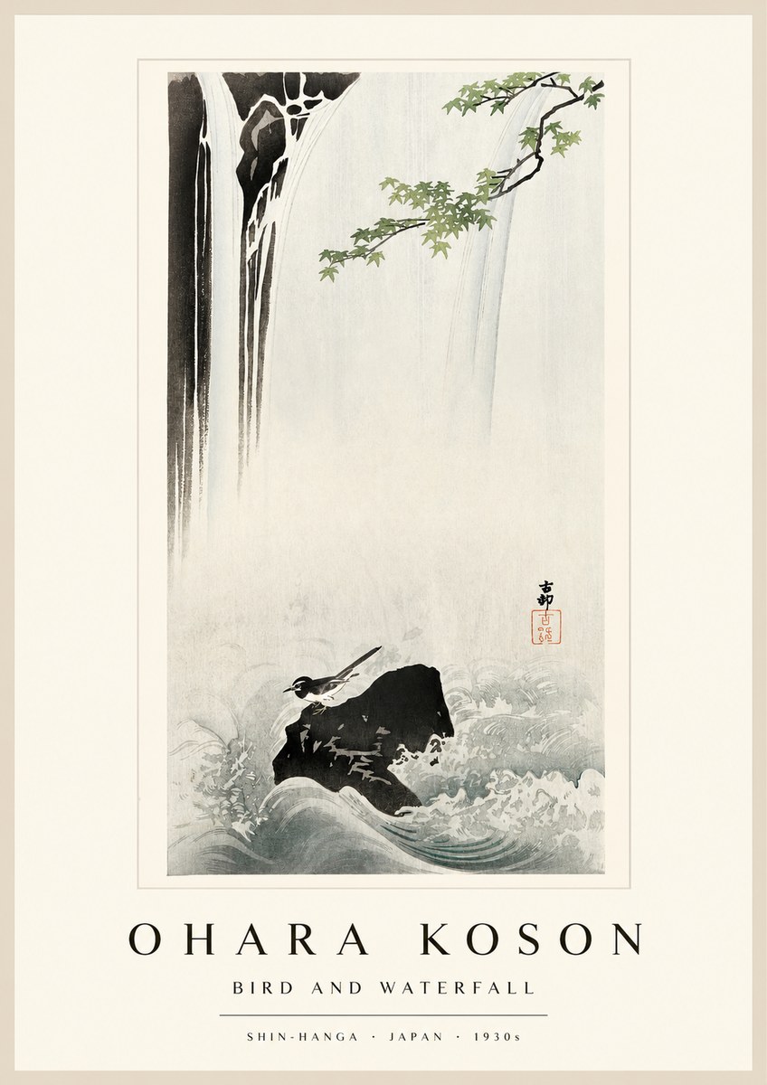 Ohara Koson Bird and Waterfall No1 - Poster