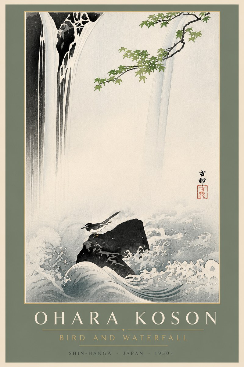 Ohara Koson Bird and Waterfall No2 - Poster
