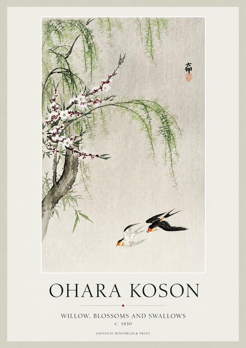 Ohara Koson Willow, Blossoms and Swallows No1 - Poster