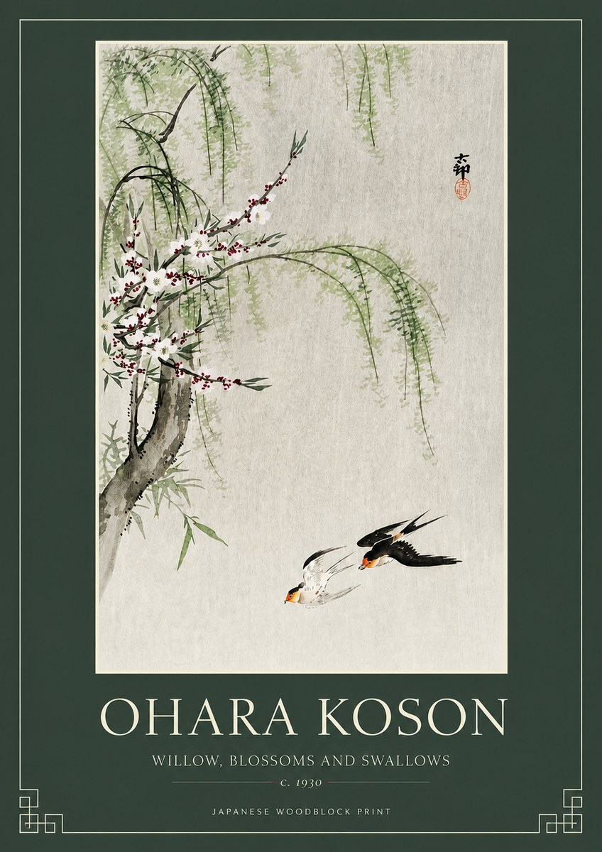 Ohara Koson Willow, Blossoms and Swallows No2 - Poster