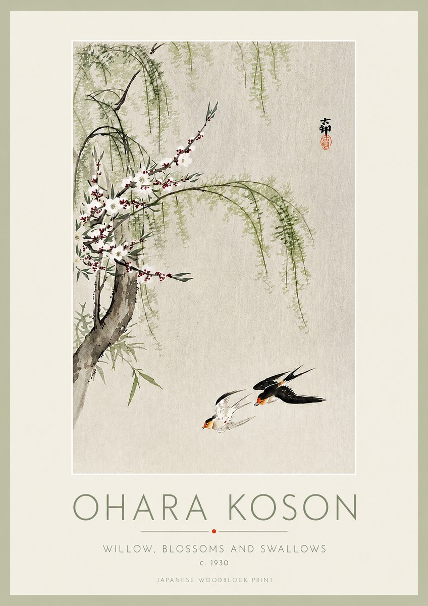 Ohara Koson Willow, Blossoms and Swallows No3 - Poster