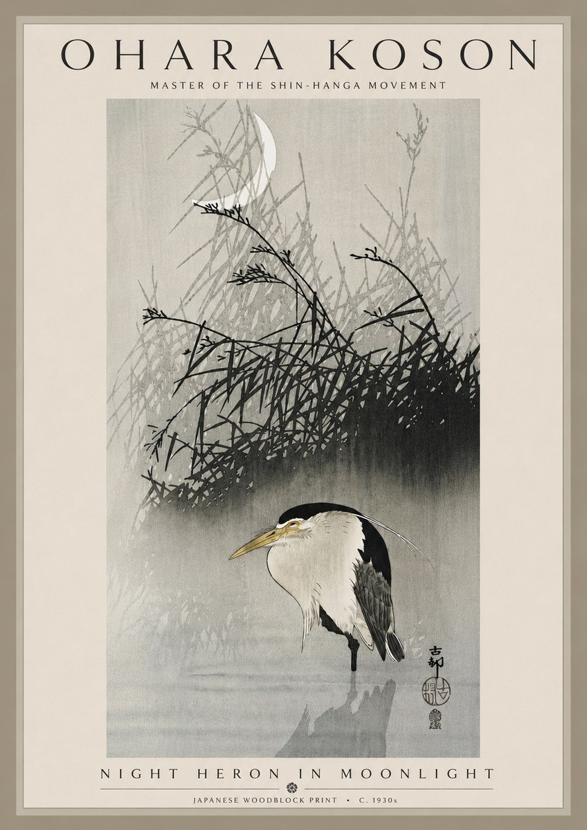 Ohara Koson Night Heron in Moonlight No5 - Poster