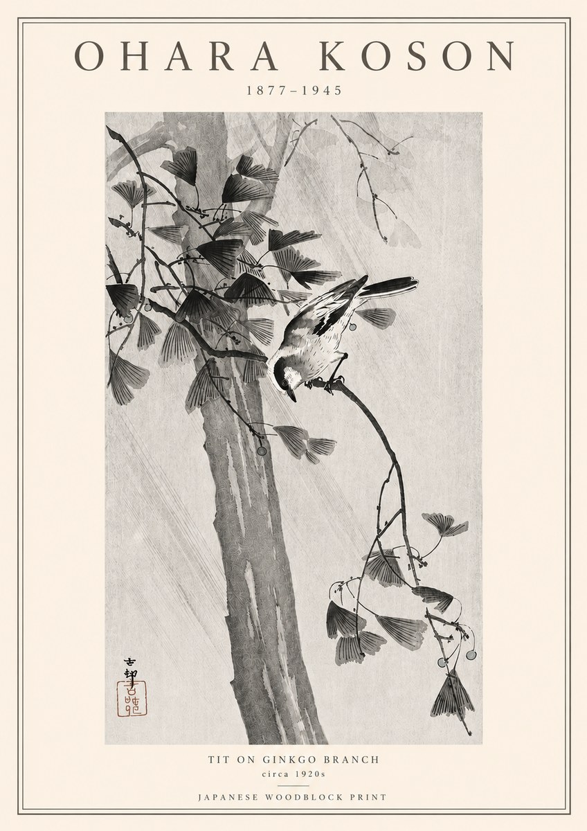 Ohara Koson Tit on Ginkgo Branch No3 - Poster