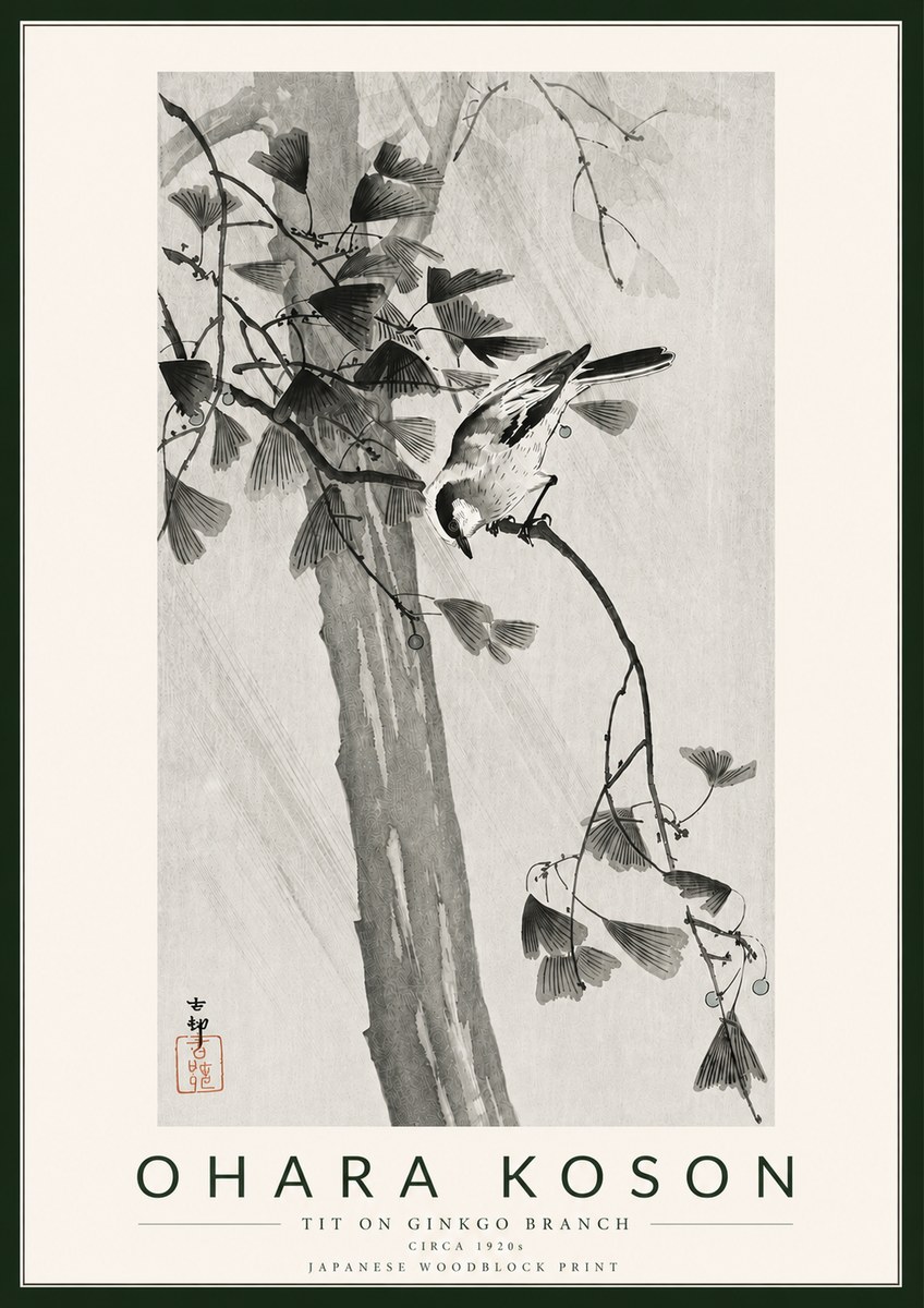 Ohara Koson Tit on Ginkgo Branch No5 - Poster