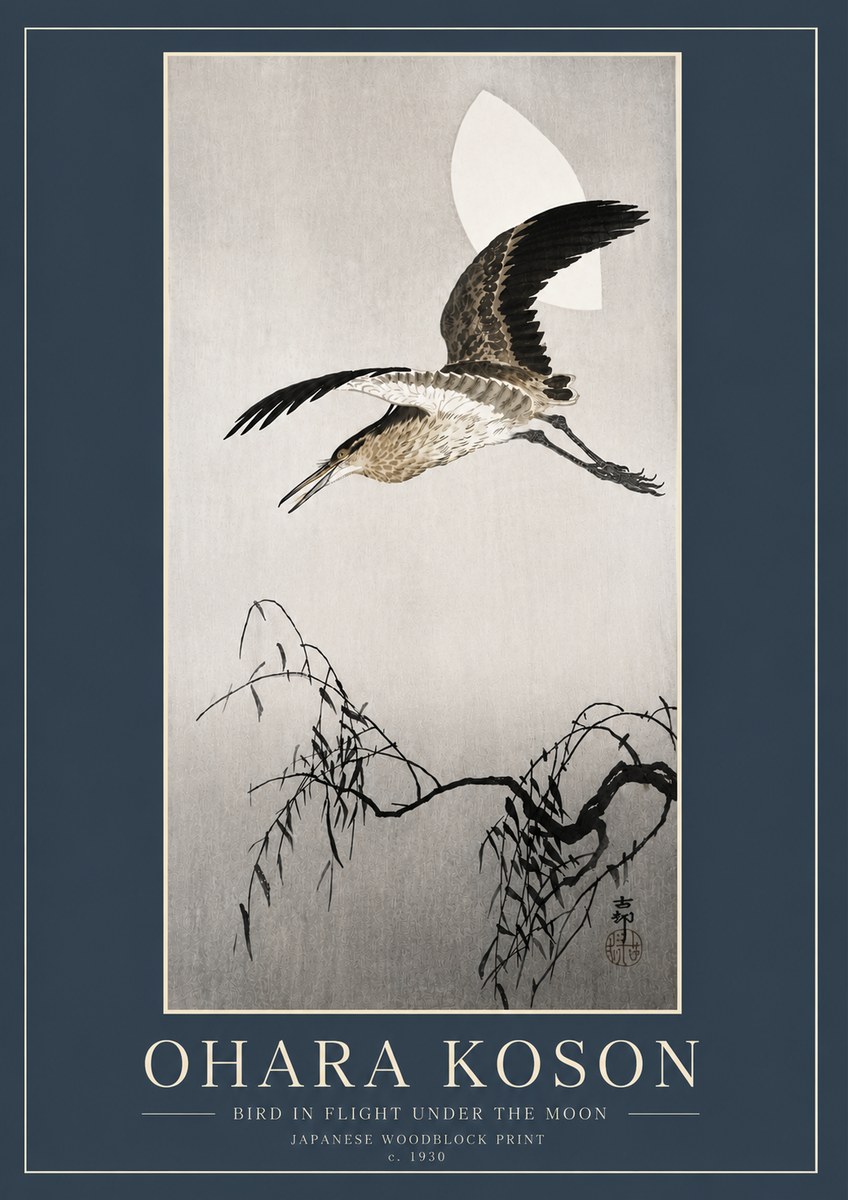 Ohara Koson Bird in Flight Under the Moon No6 - Poster