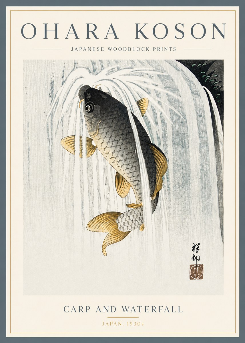 Ohara Koson Carp and Waterfall No5 - Poster