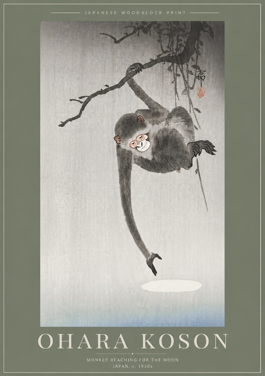 Ohara Koson Monkey Reaching for the Moon No5 - Poster