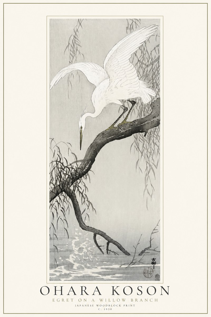 Ohara Koson Egret on a Willow Branch No1 - Poster