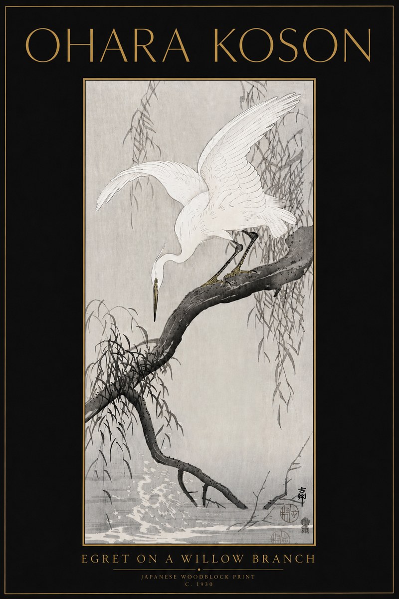 Ohara Koson Egret on a Willow Branch No5 - Poster