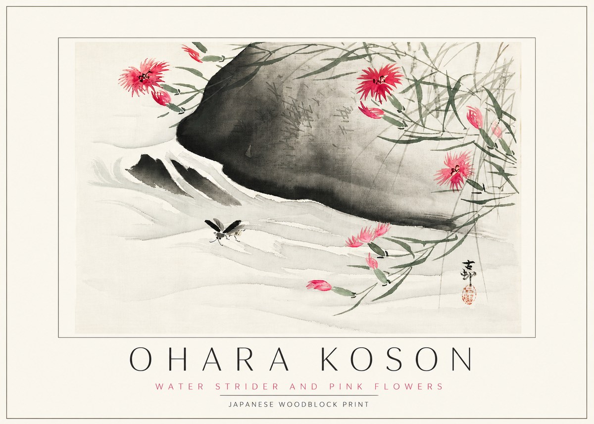 Ohara Koson Water Strider and Pink Flowers No3 - Poster