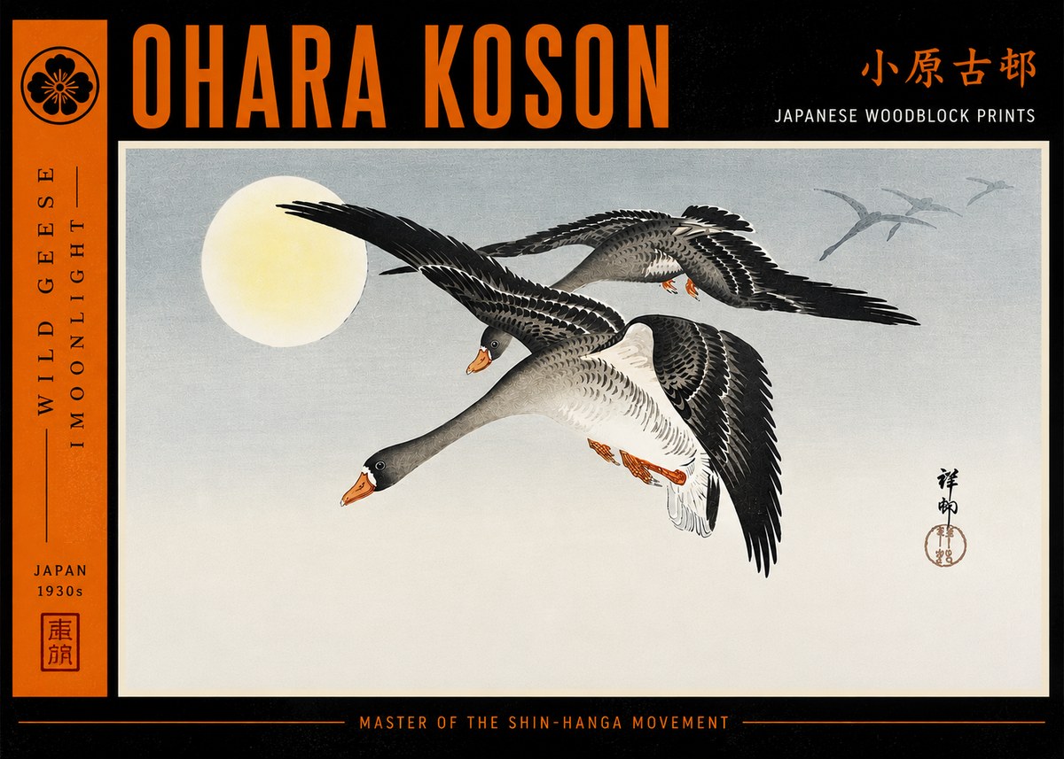 Ohara Koson Wild Geese in Moonlight III No6 - Poster