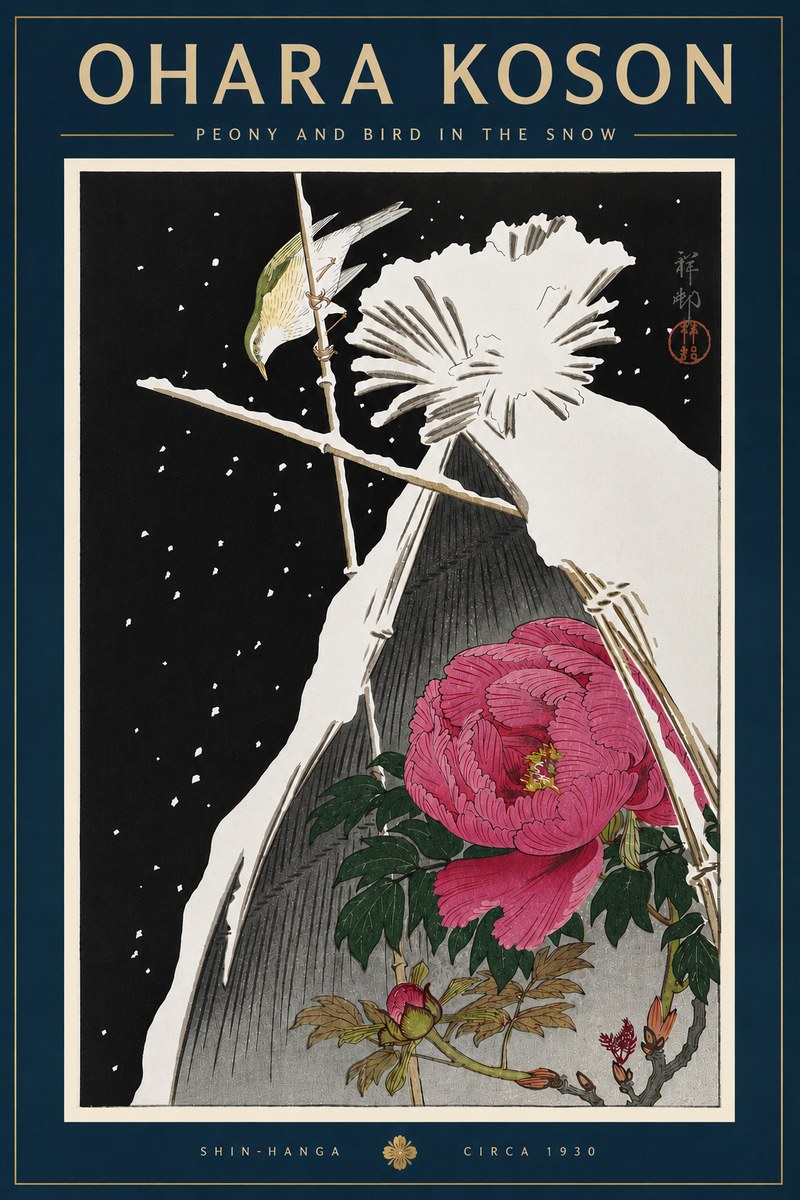 Ohara Koson Peony and Bird in the Snow No6 - Poster