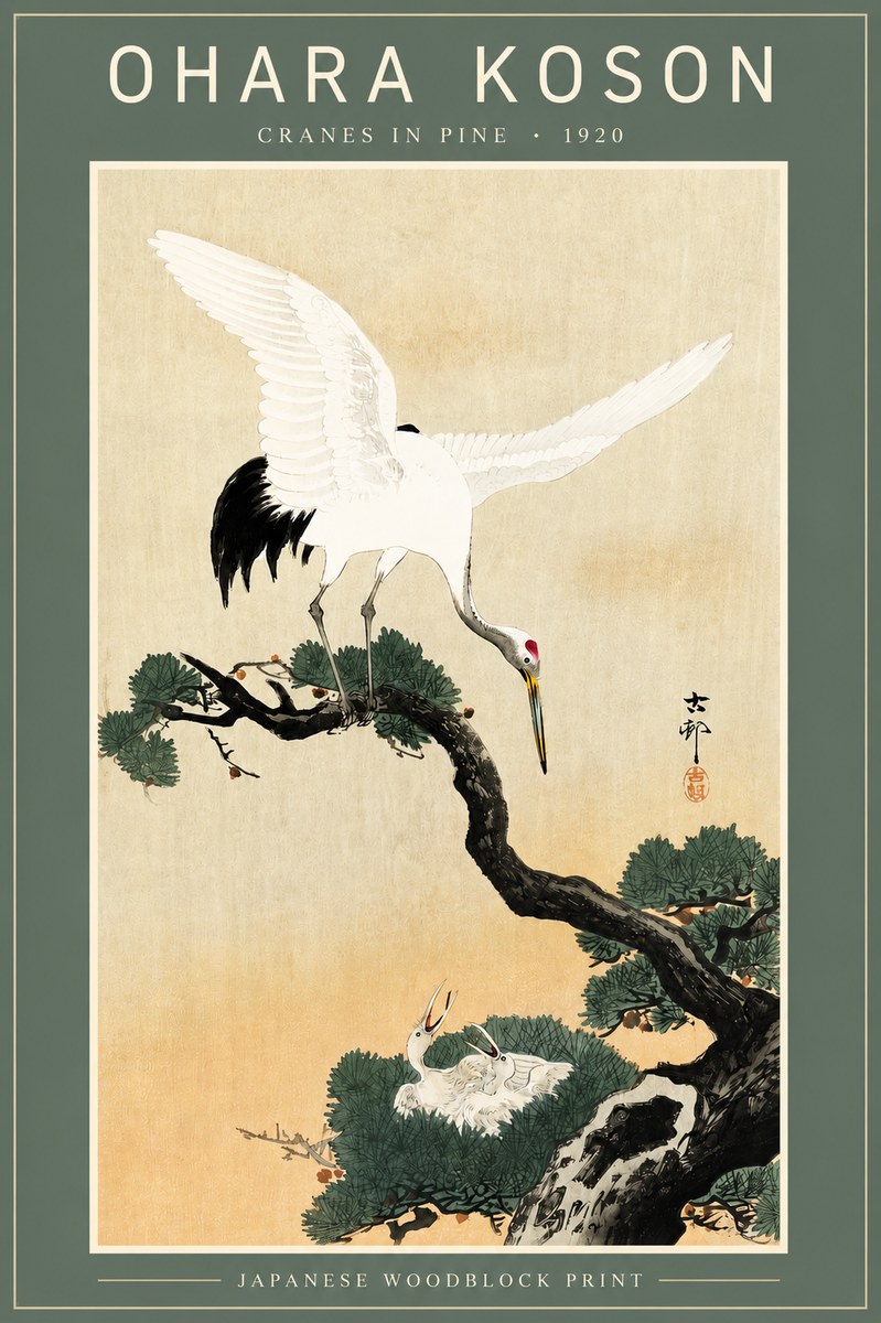 Ohara Koson Cranes in Pine No4 - Poster