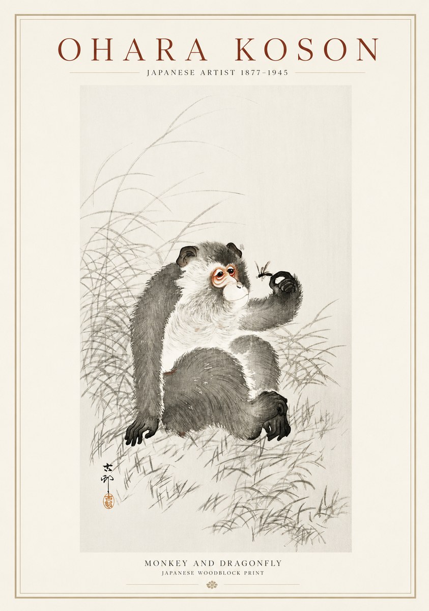 Ohara Koson Monkey and Dragonfly No1 - Poster