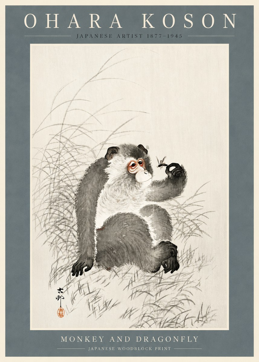 Ohara Koson Monkey and Dragonfly No2 - Poster