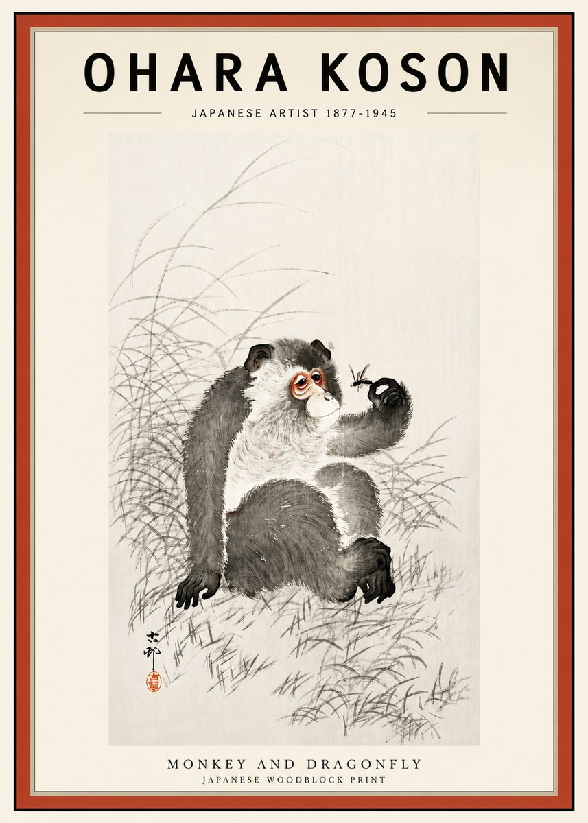 Ohara Koson Monkey and Dragonfly No3 - Poster