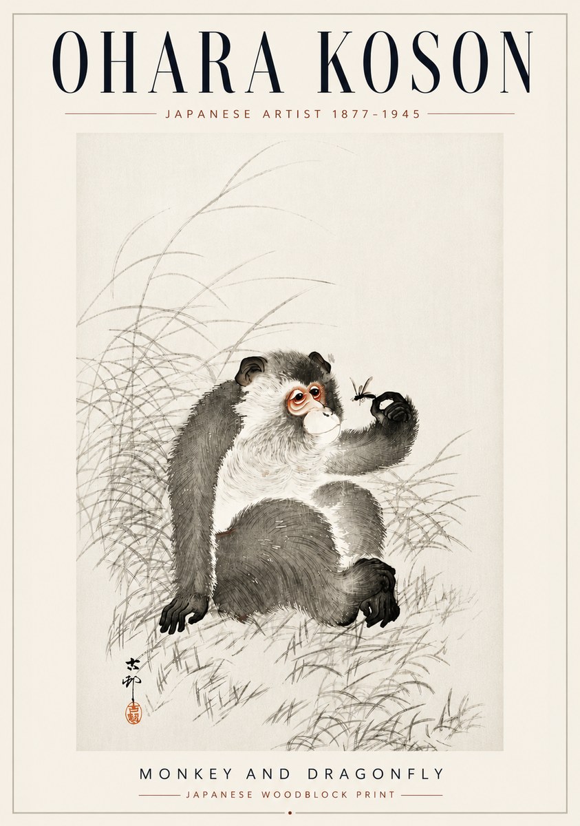 Ohara Koson Monkey and Dragonfly No5 - Poster