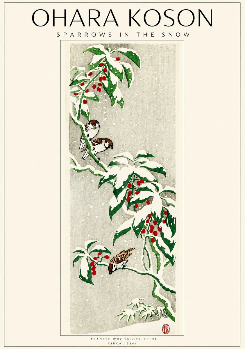 Ohara Koson Sparrows in the Snow No3 - Poster