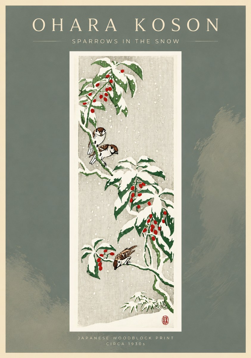 Ohara Koson Sparrows in the Snow No4 - Poster