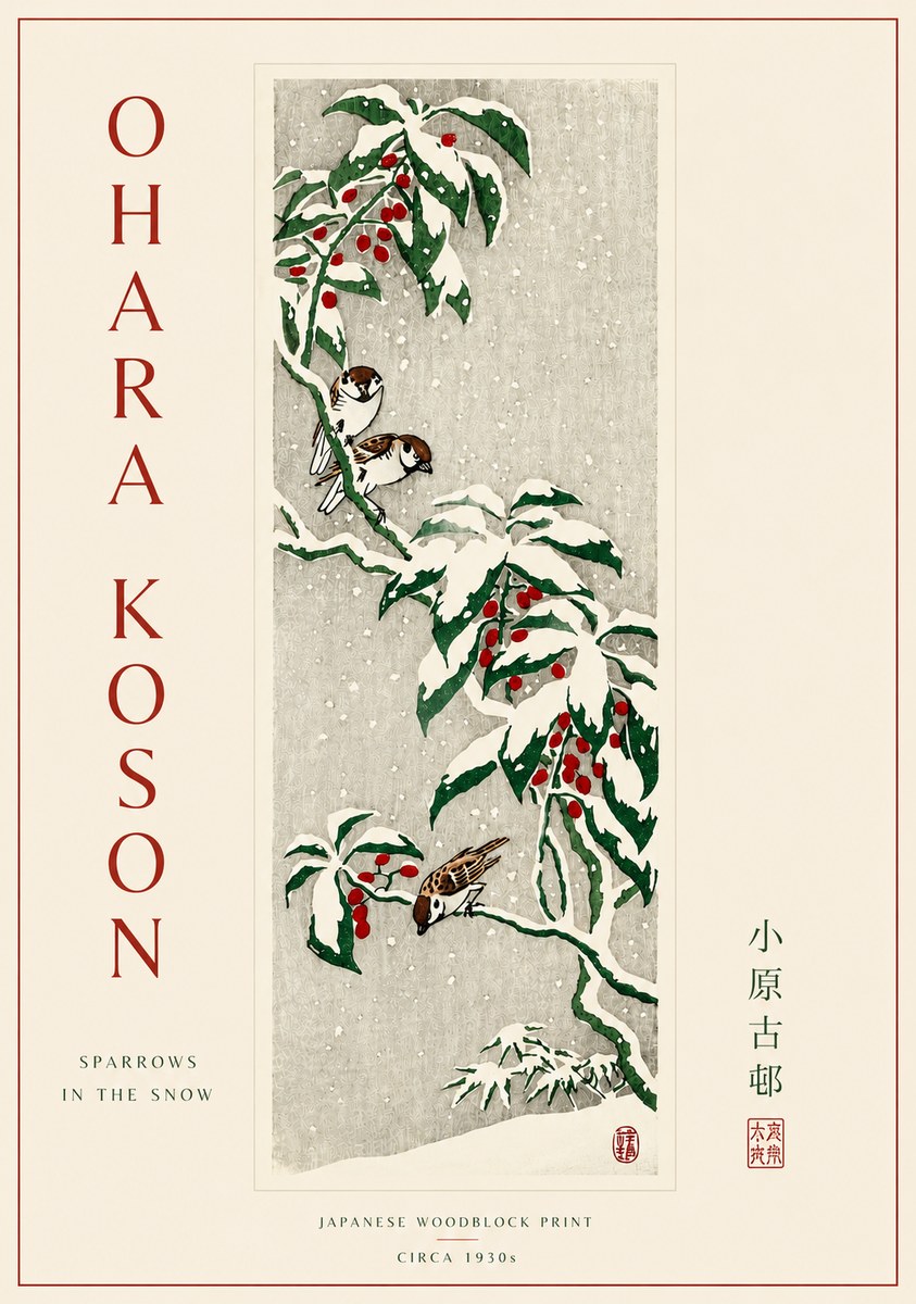 Ohara Koson Sparrows in the Snow No5 - Poster