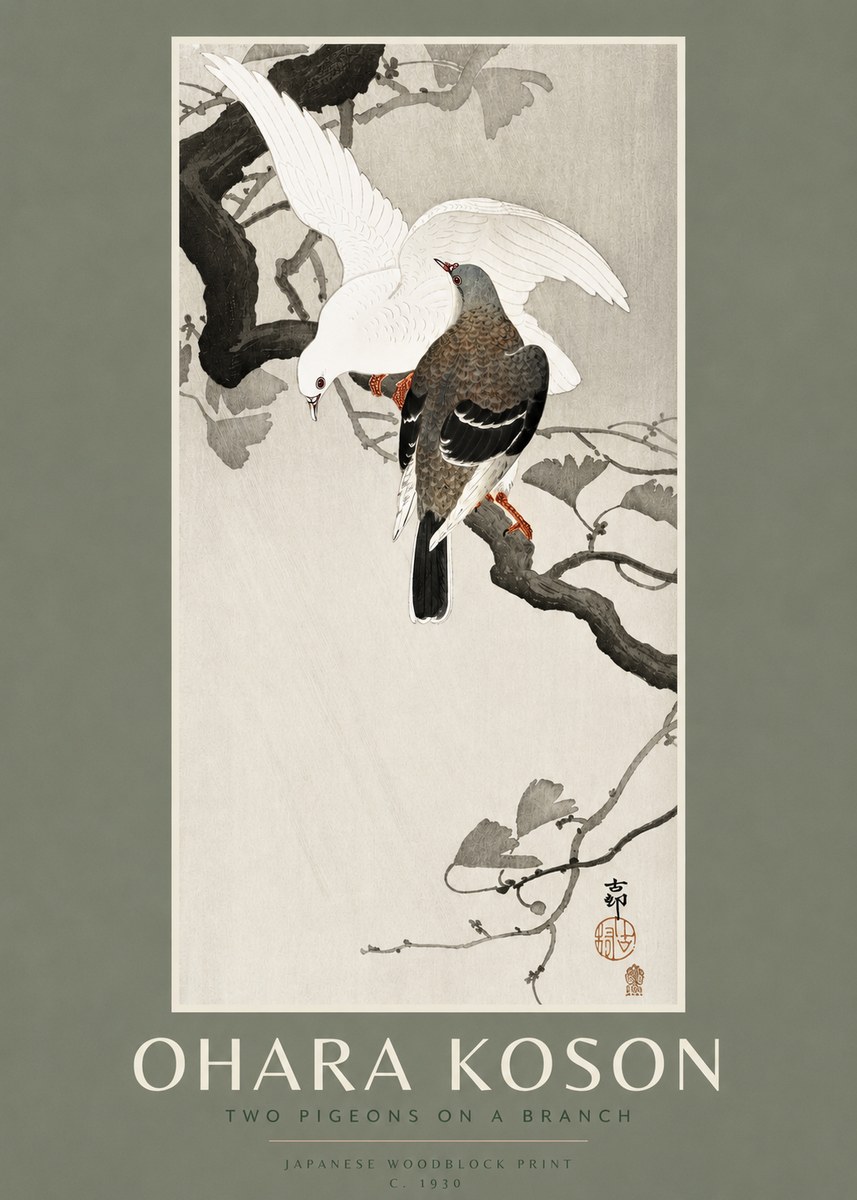 Ohara Koson Two Pigeons on a Branch No2 - Poster