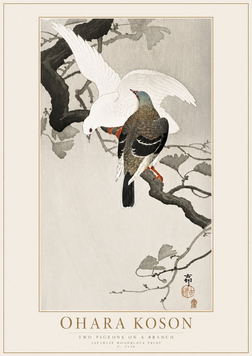 Ohara Koson Two Pigeons on a Branch No4 - Poster