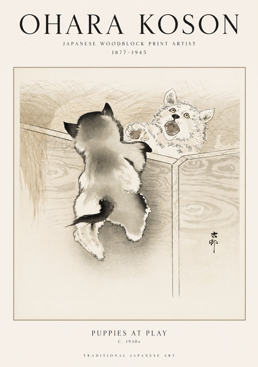 Ohara Koson Puppies at Play No1 - Poster