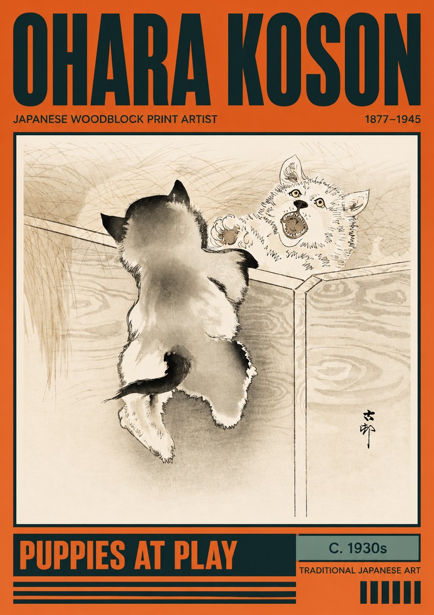 Ohara Koson Puppies at Play No2 - Poster