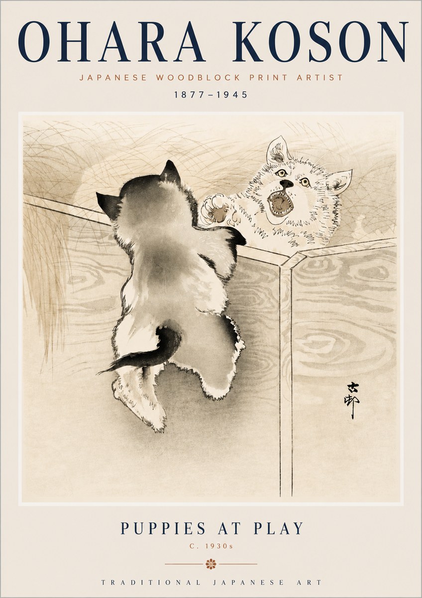 Ohara Koson Puppies at Play No3 - Poster