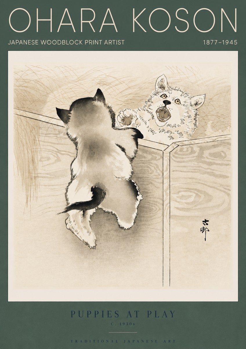 Ohara Koson Puppies at Play No4 - Poster