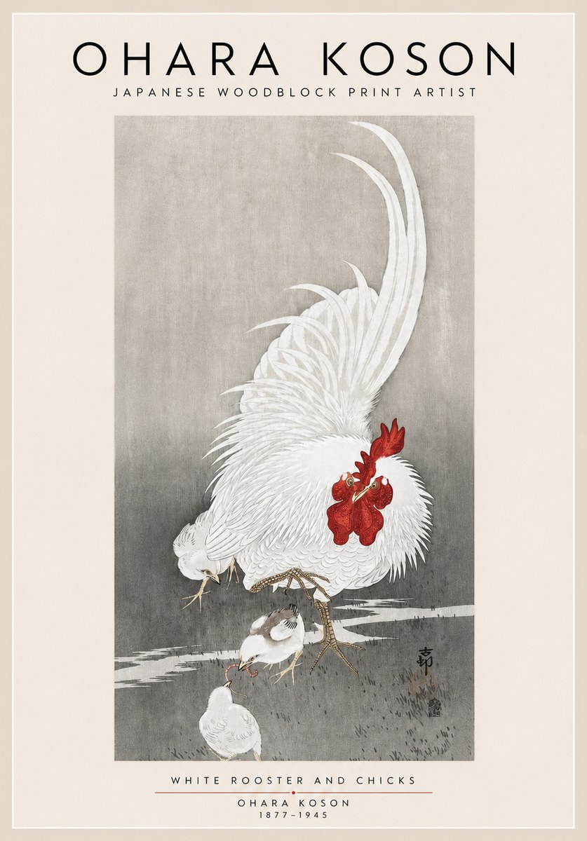 Ohara Koson White Rooster and Chicks No3 - Poster